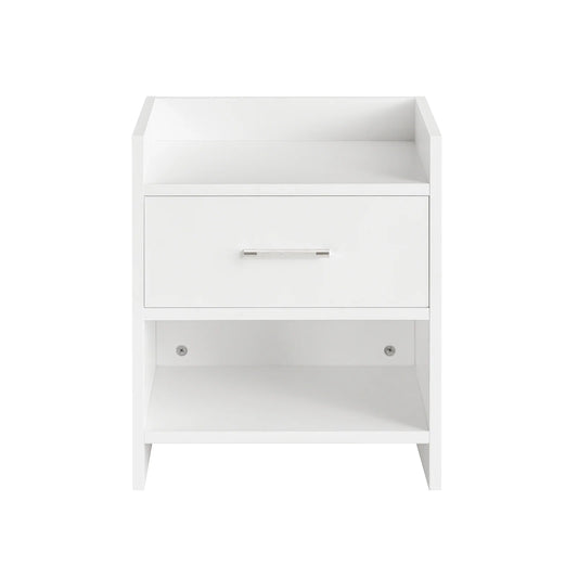 Lille sengebord med 2 hylder og 1 skuffe, hvid