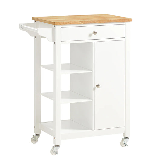 Køkkenvogn med træplade og flere opbevaringsmuligheder, hvid