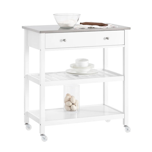 Køkkenvogn med metalplade og 2 skuffer / 2 hylder, hvid