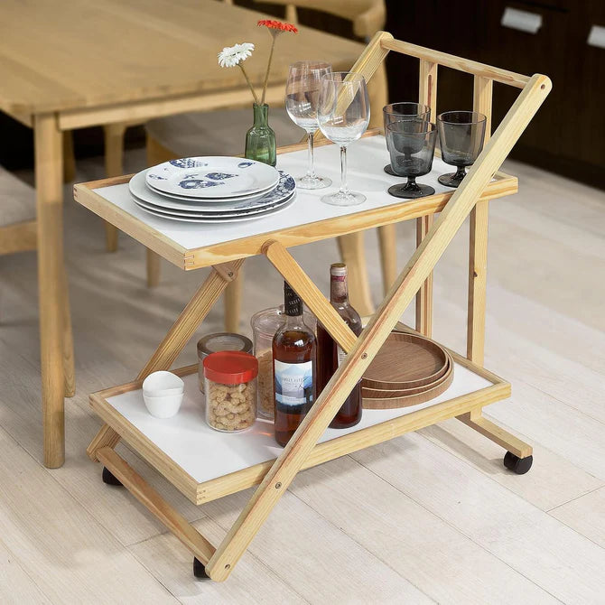 Elegant køkkenvogn med 2 hylder med hvid plade, træ