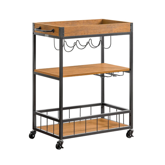 Køkkenvogn med flaskeholder og træ hylder, sort
