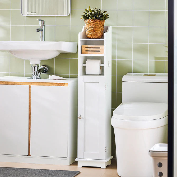 Fritstående badeværelsesskab med toiletruller, hvid