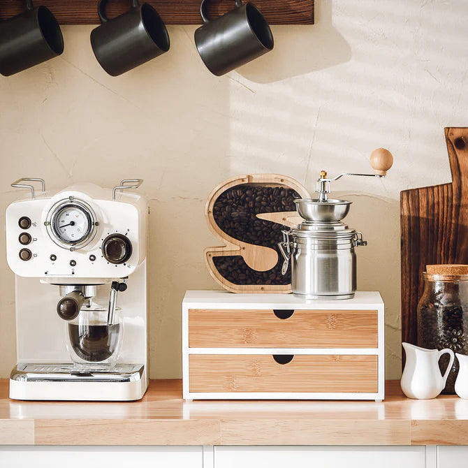 Æske med 2 skuffer til opbevaring af kaffekapsler eller teposer, hvid / træ