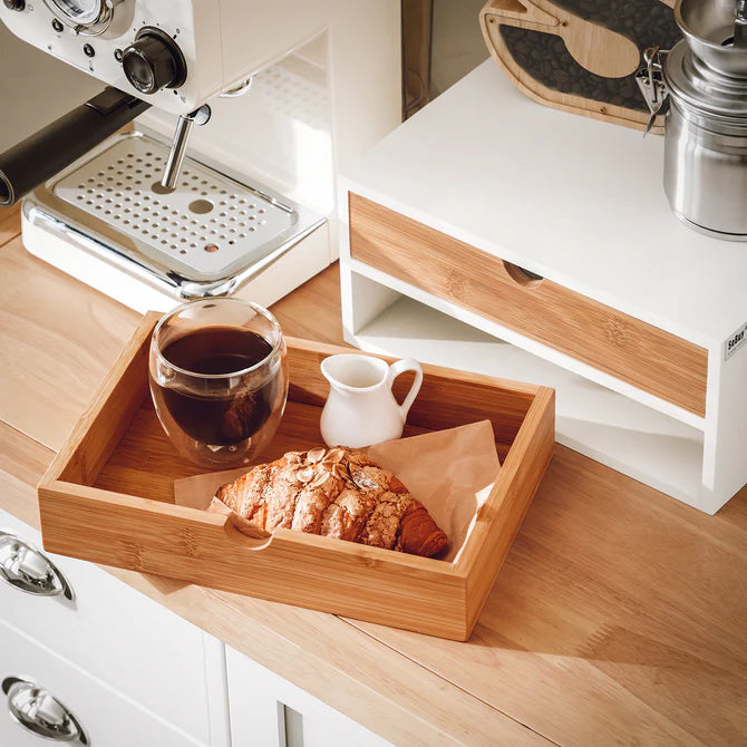 Æske med 2 skuffer til opbevaring af kaffekapsler eller teposer, hvid / træ