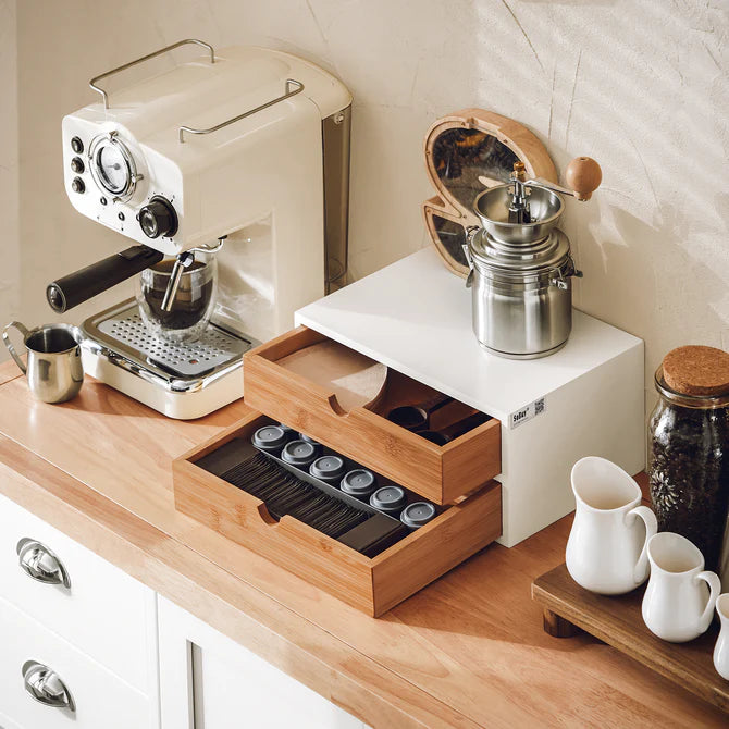 Æske med 2 skuffer til opbevaring af kaffekapsler eller teposer, hvid / træ