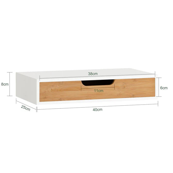 Vægskuffe / hylde (40 cm lang), bambus / hvid