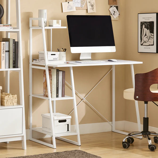 Skrivebord / computerbord med hylder, hvid