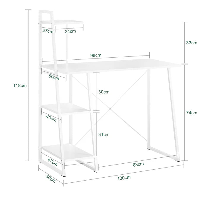 Skrivebord / computerbord med hylder, hvid