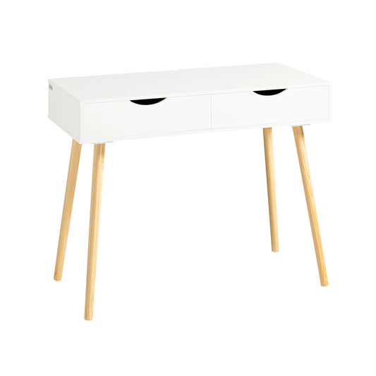 Skrivebord med 2 skuffer og naturfarvet ben, hvid
