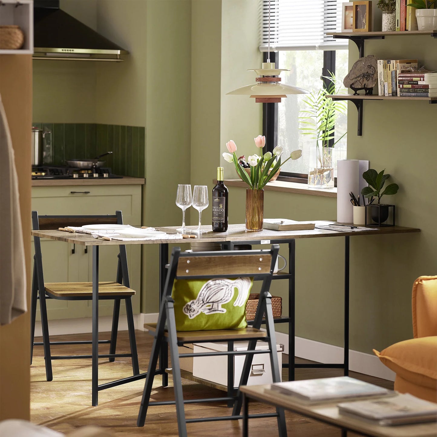Pladsbesparende klapbord med 3 bordplader, sort / brun