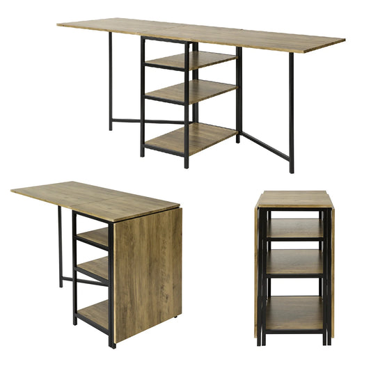 Pladsbesparende klapbord med 3 bordplader, sort / brun