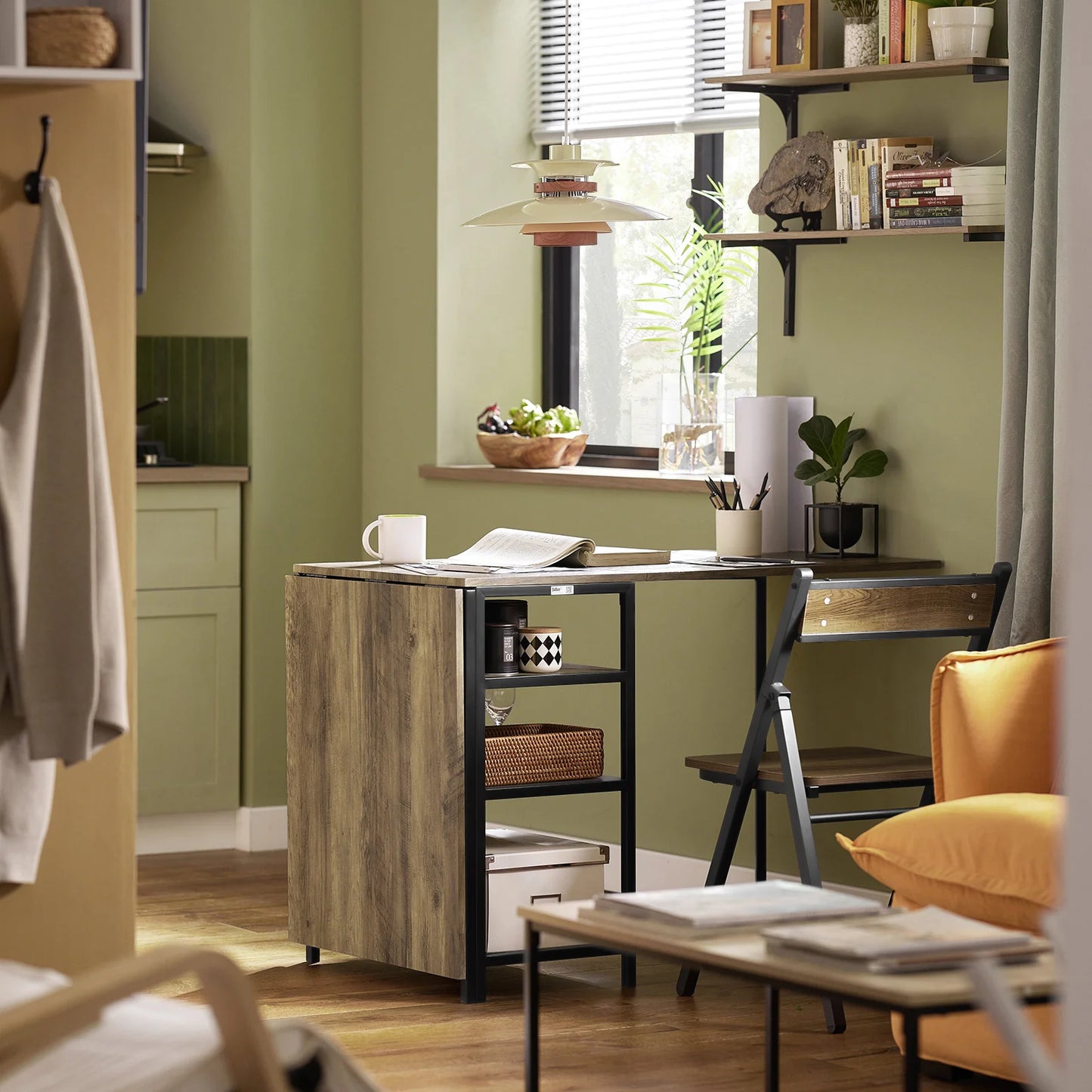 Pladsbesparende klapbord med 3 bordplader, sort / brun