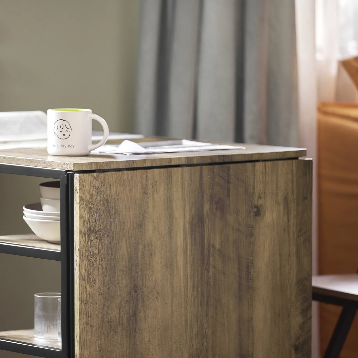 Pladsbesparende klapbord med 3 bordplader, sort / brun