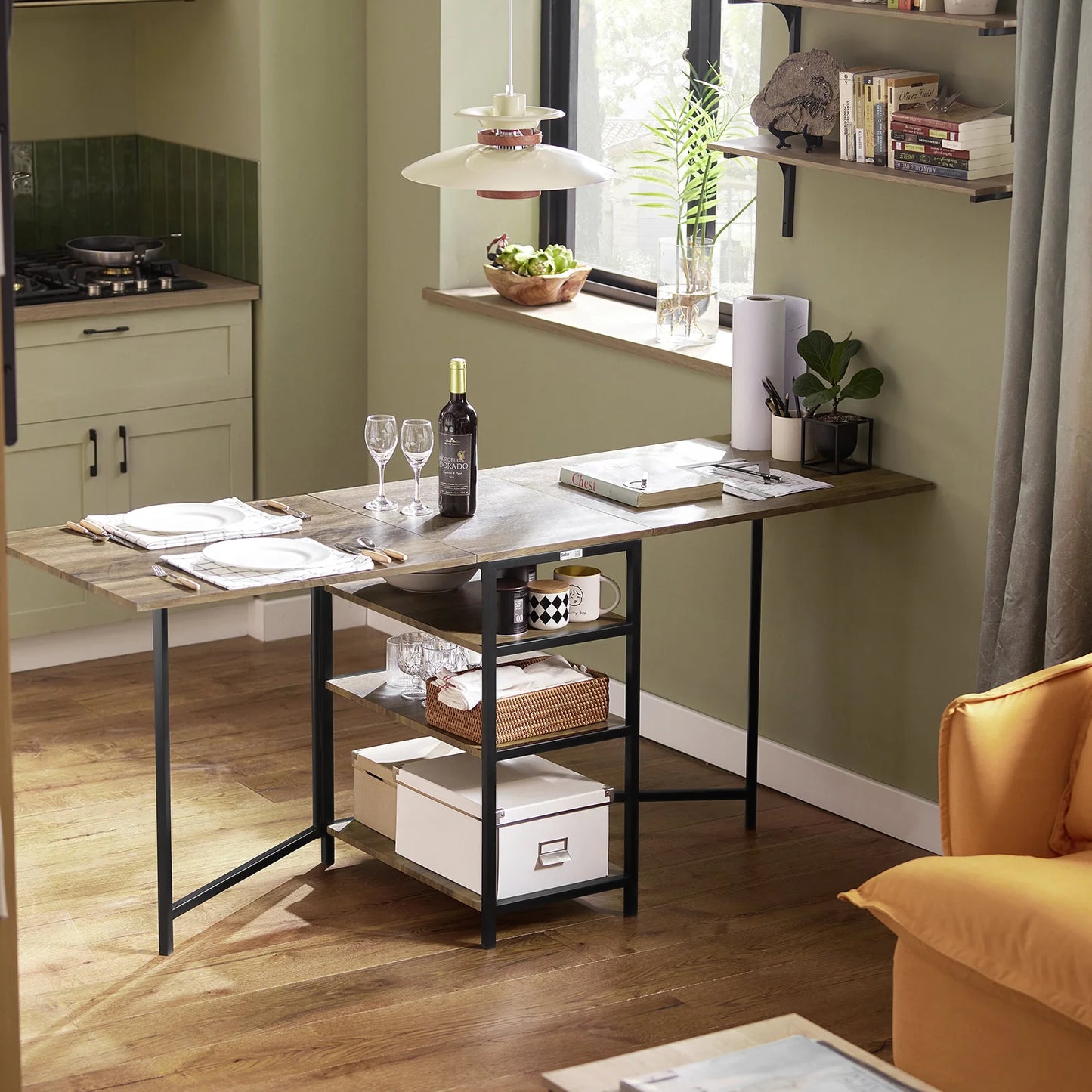 Pladsbesparende klapbord med 3 bordplader, sort / brun