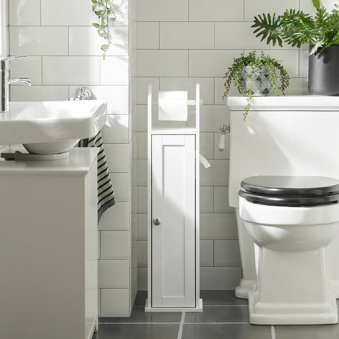 Smalt badeværelsesskab til toiletpapir, hvid