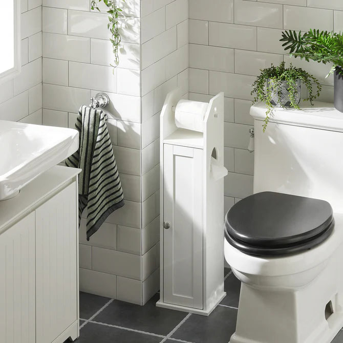 Smalt badeværelsesskab til toiletpapir, hvid