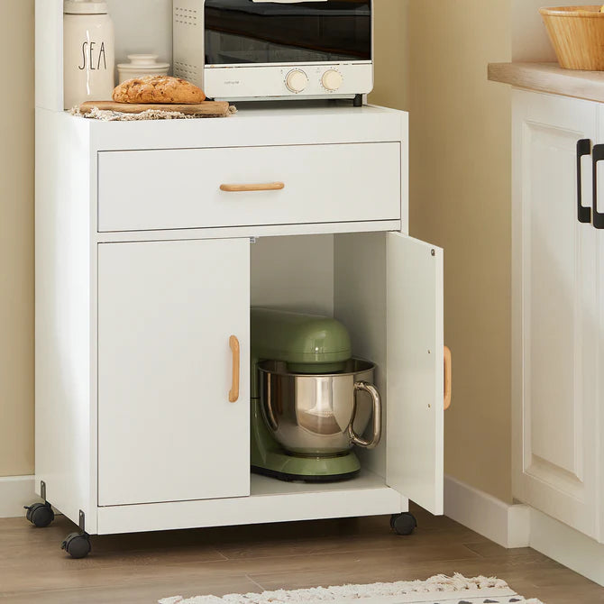 Køkkenreol på hjul med plads til mikroovn, hvid