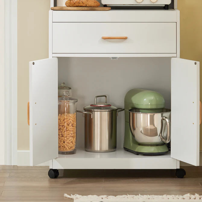 Køkkenreol på hjul med plads til mikroovn, hvid