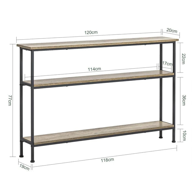 Smalt konsolbord med 3 hylder, sort / brun