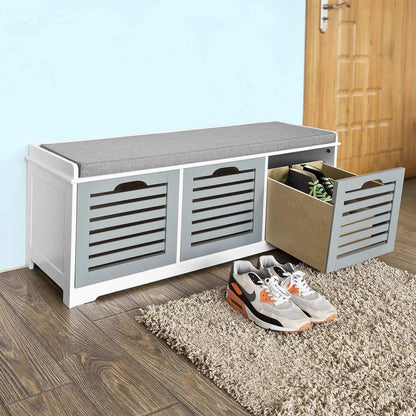Skobænk med hynde og 3 store skuffer, grå / hvid