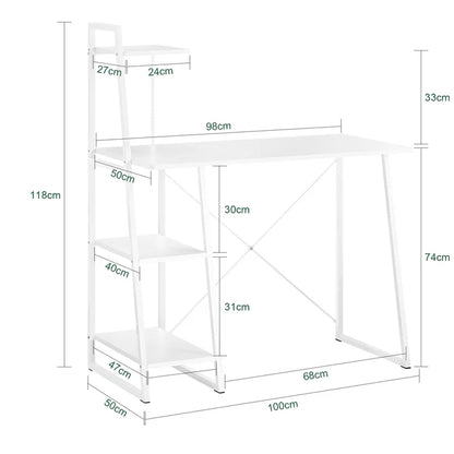 Skrivebord / computerbord med hylder, hvid