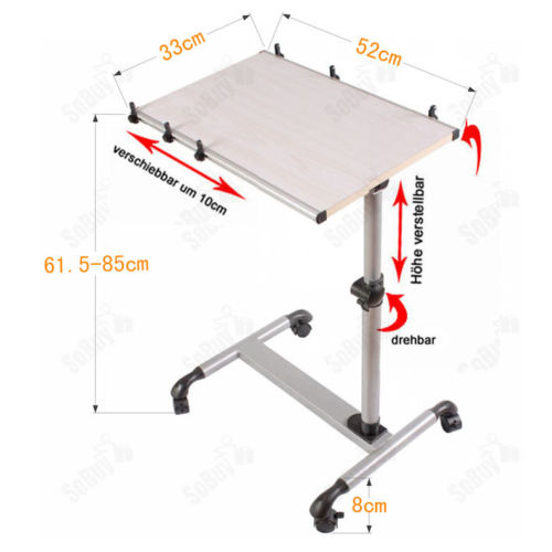 Laptopbord med hjul og justerbar højde, hvid