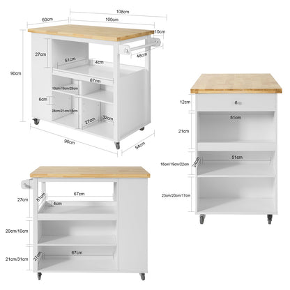 Køkkenø / køkkenvogn med flere opbevaringsmuligheder og træplade, hvid