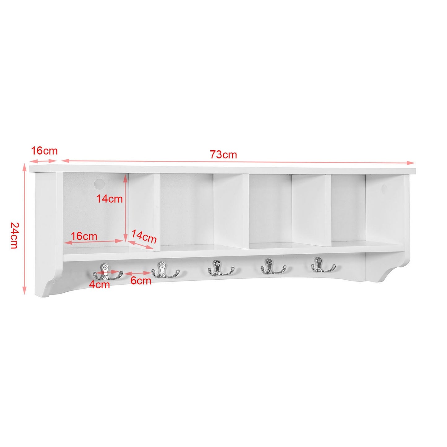 Knagerække med 4 opbevaringsrum og 5 kroge, hvid