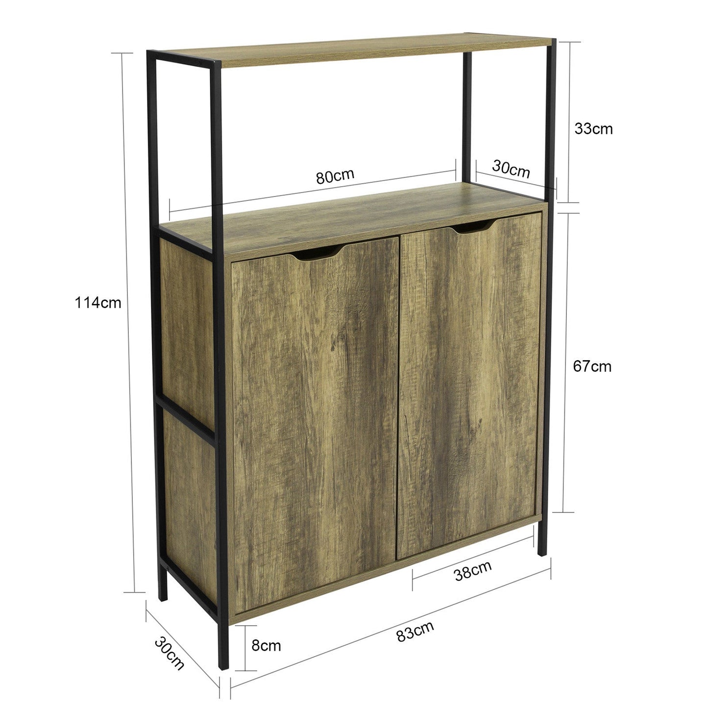 Kommode med store skabsrum og 2 hylder, brun