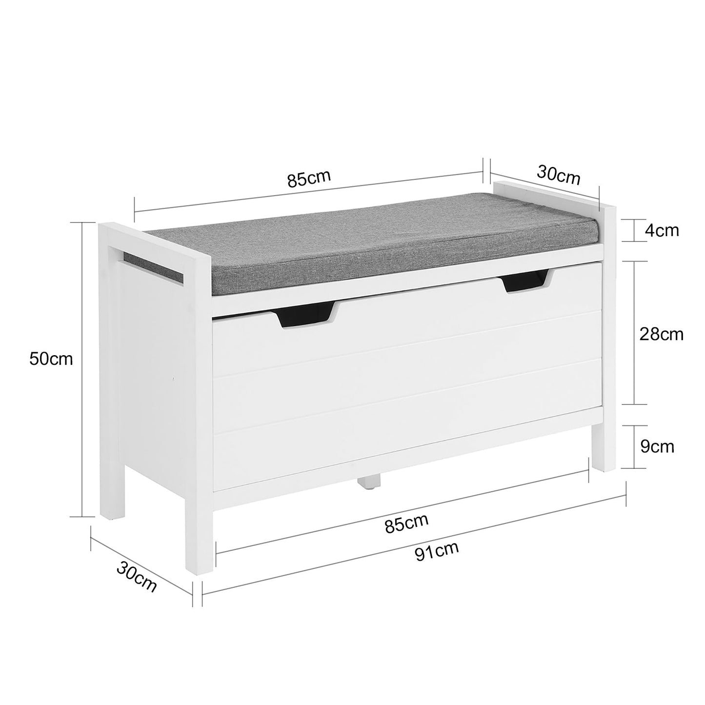 Skobænk med grå hynde og 2 opbevaringsrum, hvid