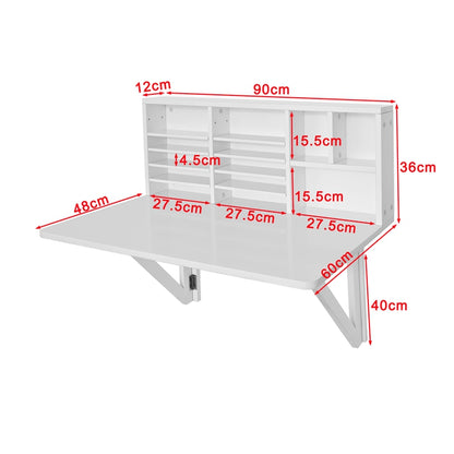 Vægbord / skrivebord med reol og foldefunktion, hvid