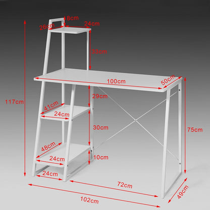 Skrivebord / computerbord med hylder, hvid