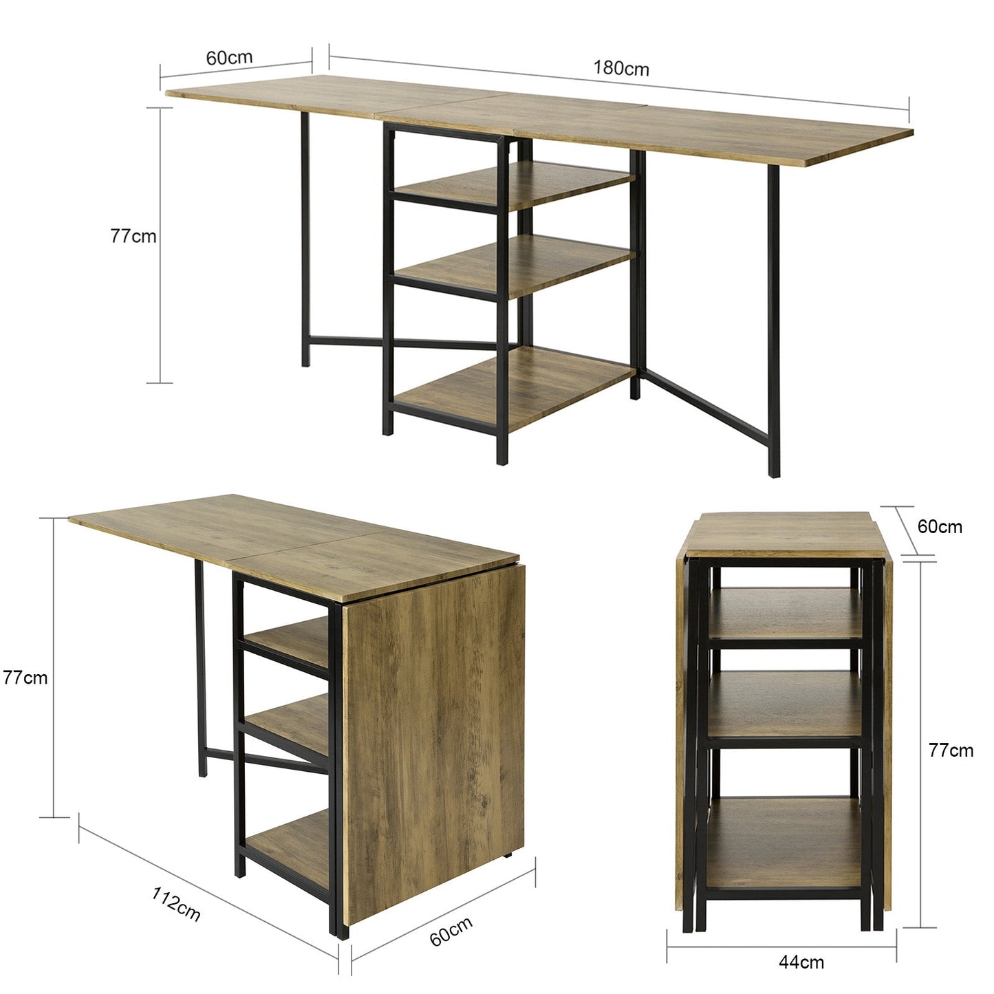 Pladsbesparende klapbord med 3 bordplader, sort / brun