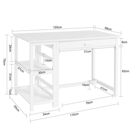 Skrivebord med 1 skuffe og 2 hylder, hvid